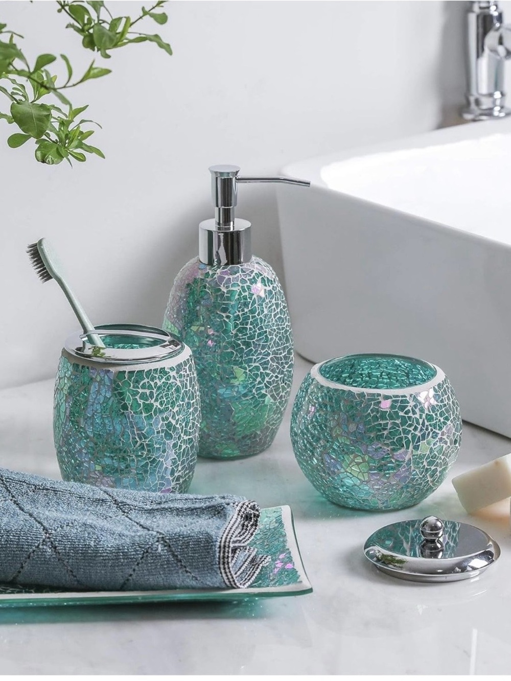 Iridescent Teal/Green Mosaic Glass - Elegant Bathroom Set - Picture 2 of 7